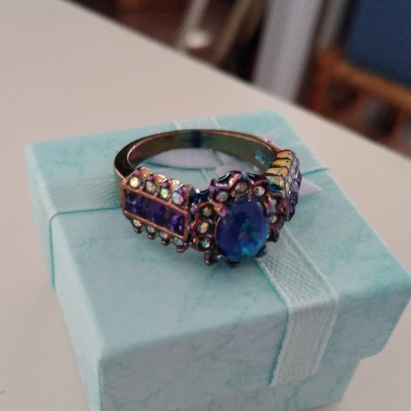 Metallic Rainbow Fire Opal Gemstone Cluster Ring 9 - Picture 13 of 14